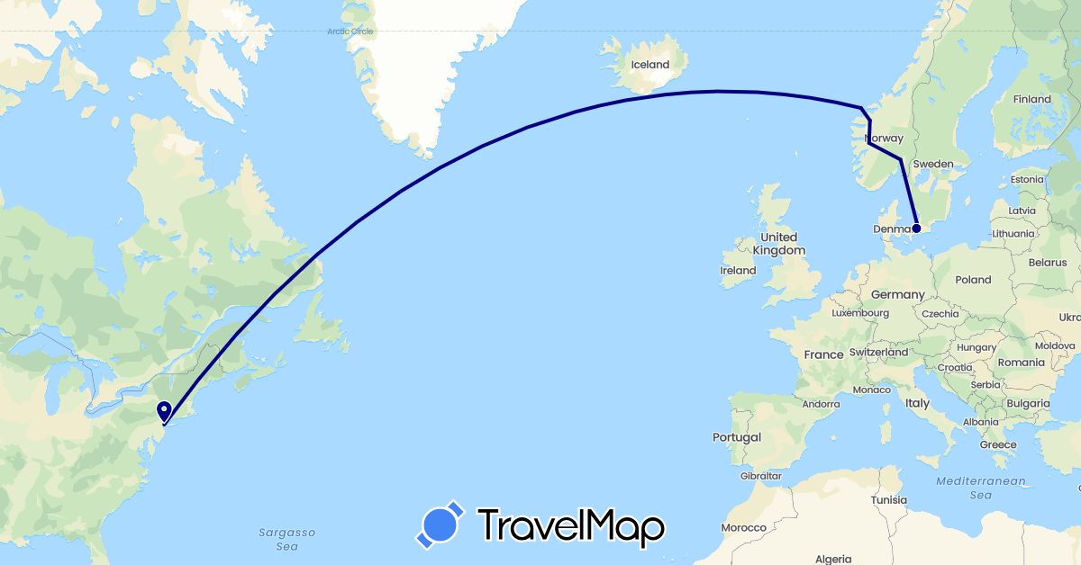 TravelMap itinerary: driving in Denmark, Norway, United States (Europe, North America)